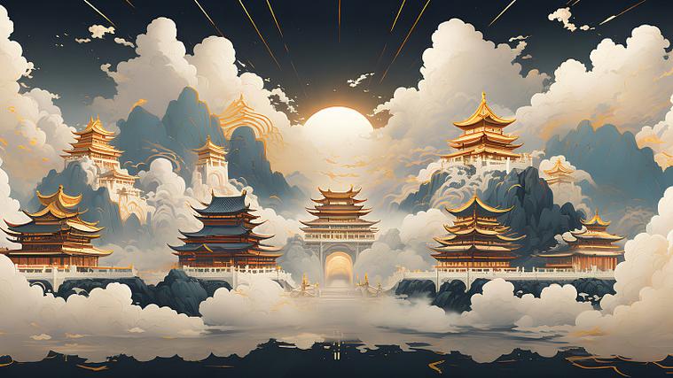 ai数字艺术国潮风手绘插画中国神话场景天宫天庭仙境蓬莱宫殿满月中秋